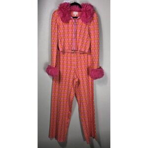 Show Me Your Mumu Zermatt Faux Fur Matching Set Pink Orange Retro Jacquard M/L